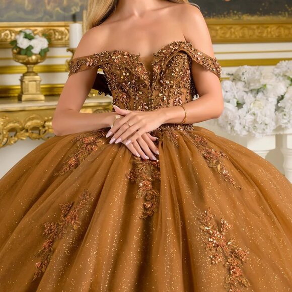 New Brown Beaded Quinceanera Tulle Dress w/ Layered Skirt & Back Bow GL3811 - Picture 5 of 15
